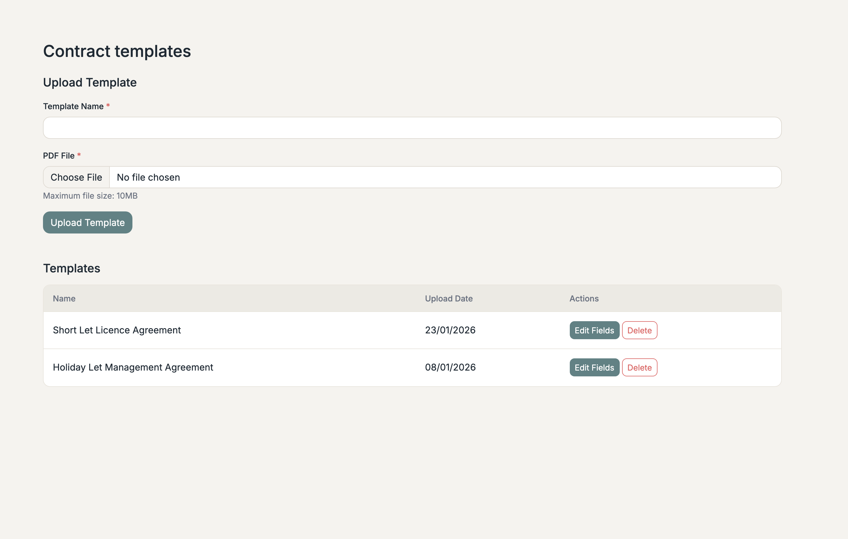Contract templates management with upload and field editing