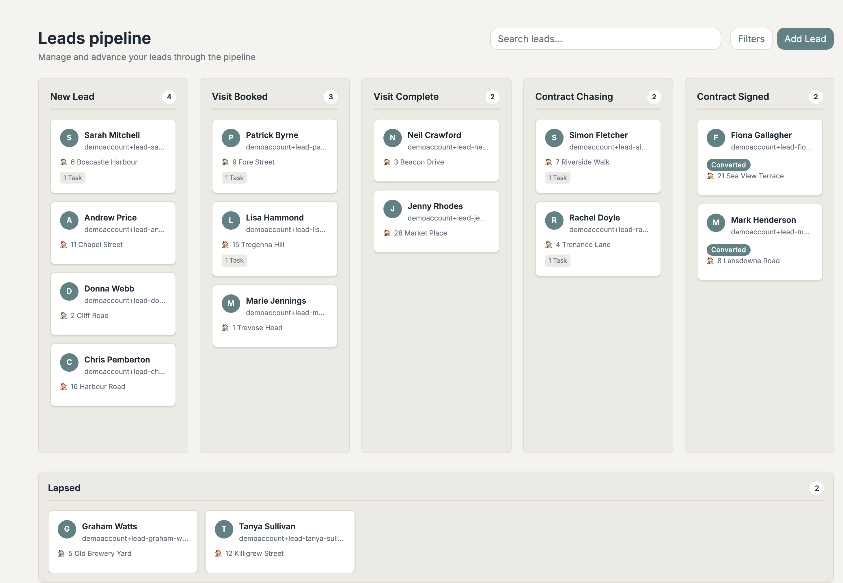 Kanban-style lead pipeline with drag-and-drop stages