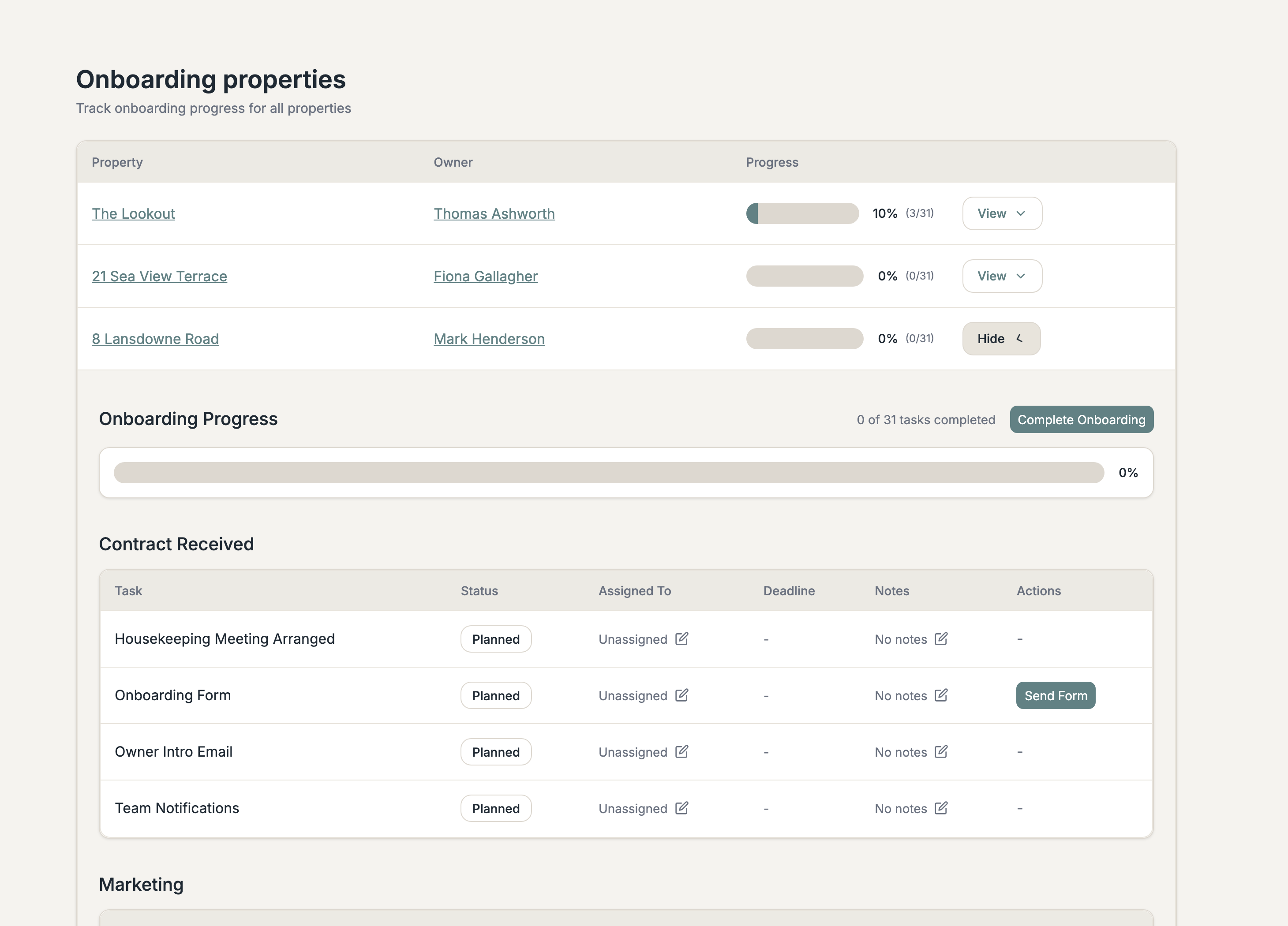 Onboarding properties view with progress tracking
